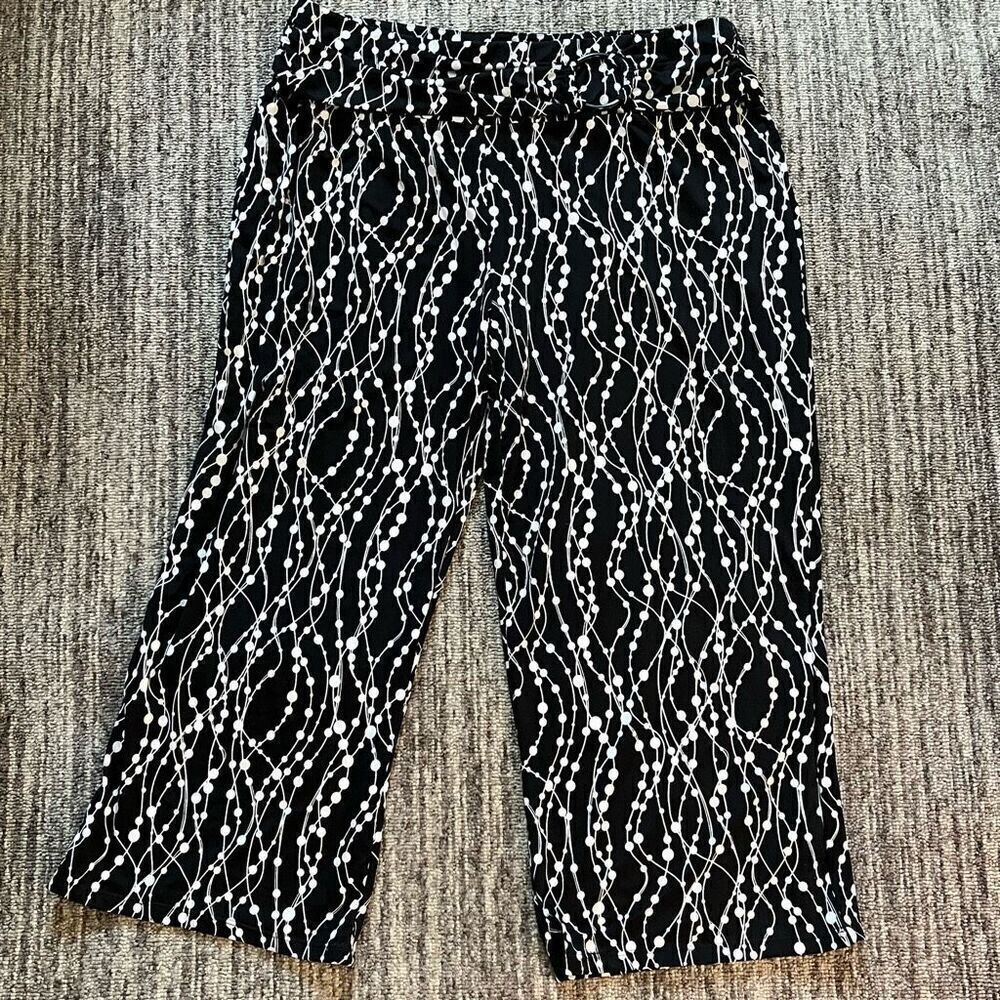 Robert Louis Womens Size Large Belted Pull On Cropped Pants Black White Wide Leg